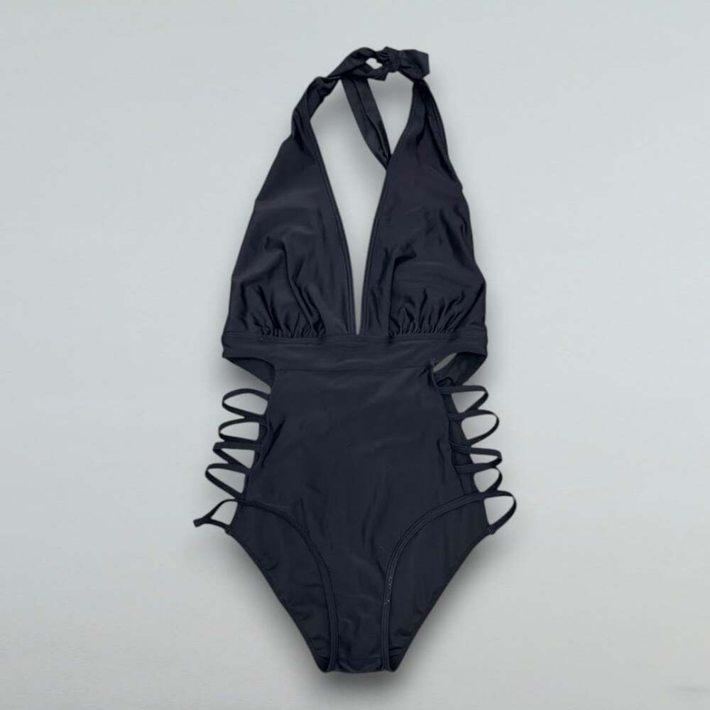 Black Plunge Halter Strappy Side One Piece Swimsuit Size Small